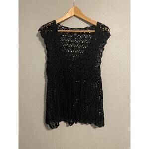 Cable & Gauge Womens Vest Medium Black Crochet One Button Whimsigoth Boho Y2K